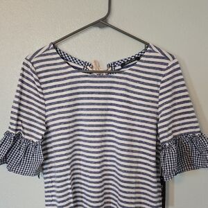 Doe & Rae | Blue Striped Lace Up Back Gingham Sleeves Top Size Small NWT